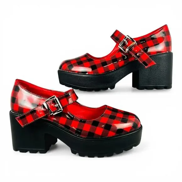 Koi Footwear Red Black Plaid Platform Mary Jane Chunky Lug Heel Size EU 36 - Picture 3 of 8